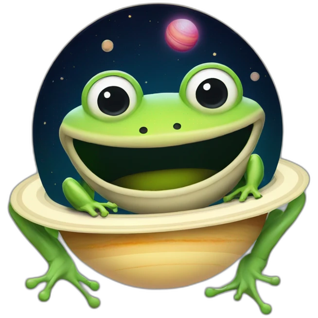 planet Saturn with a cartoon beaming frog face with smiling eyes emoji