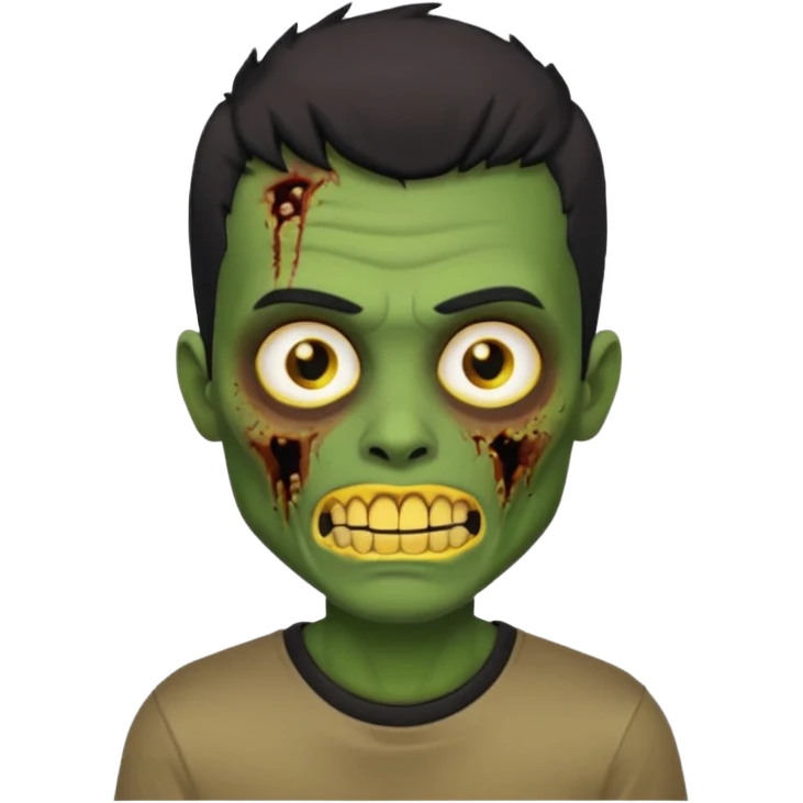 I want you to give me a zombie man and his skin its green who has golden teeth, yellow eyes, eyebrows and black hair, the hair I want to be a medium modcut cut and is wearing a brown affliction T-shirt and the style being like a memoji from iphone emoji