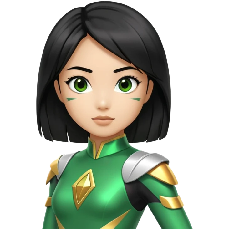 wasian girl in a green Power Ranger suit, black straight hair, black eyes emoji