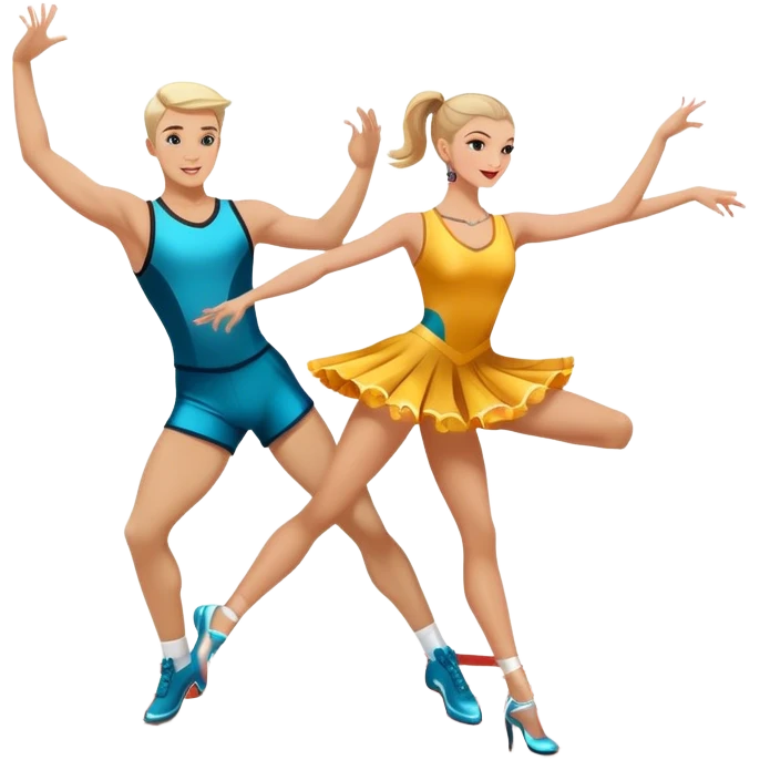 Icon for Sports Dance: a couple performing an energetic and synchronized dance, dressed in competitive dance attire, dance shoes, a rhythmically placed dance floor, and a competition backdrop. The icon should capture the athleticism, technique, and precision of sports dance. Transparent background. emoji