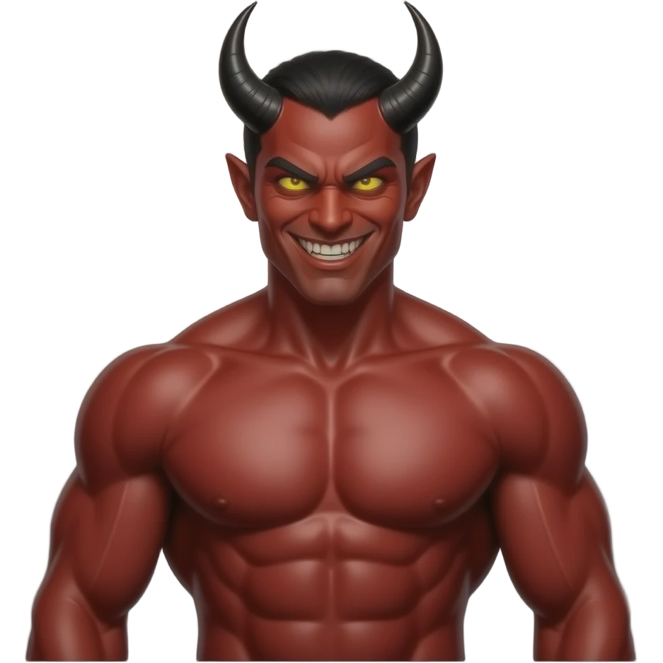 “A realistic red devil with muscular upper body, glowing yellow eyes, sharp teeth, evil grin, black horns, detailed abs and chest, dramatic lighting, dark background, centered, high detail, emoji style” emoji