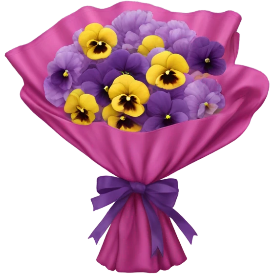 A bundle of pastel pansies and dark violet peonies wrapped in translucent deep pink fabric with a delicate bow. emoji