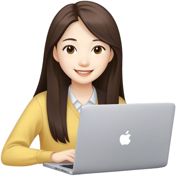 Long hair asian woman working on pale yellow laptop with brown eyes in zoom meeting  emoji