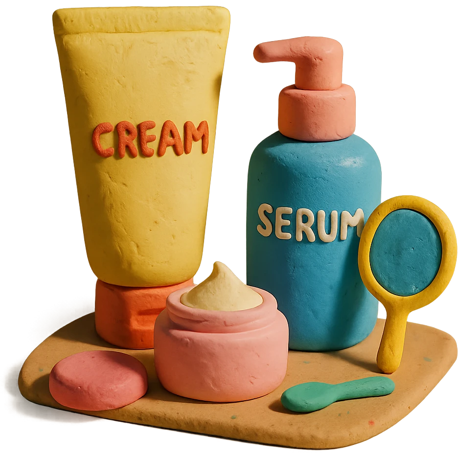 skincare products, playful, pastel emoji
