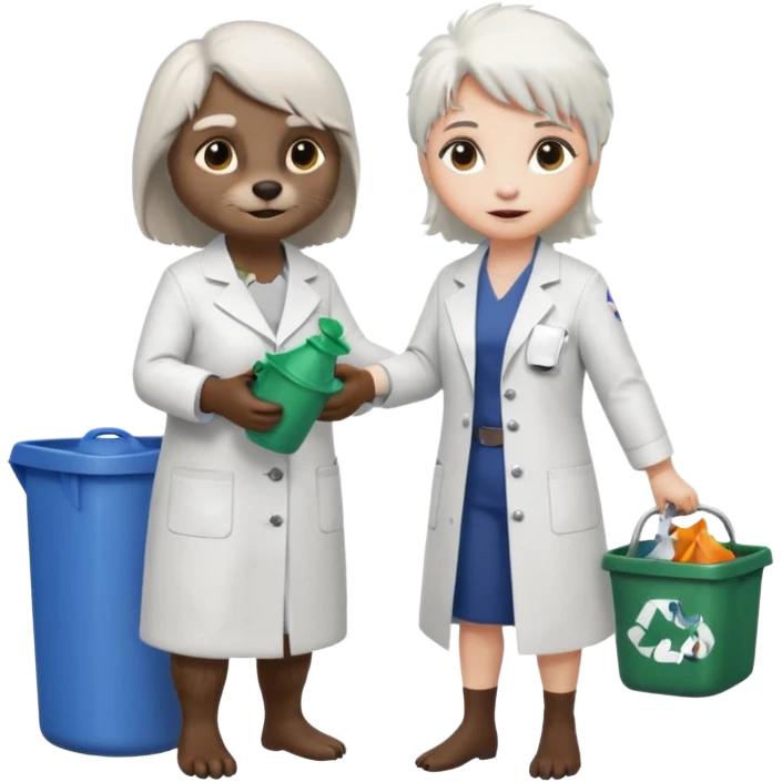 an woman otter picking up trash bins, next to a mad scientist emoji