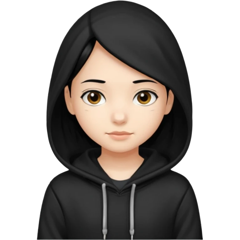 후드티 입은 초딩여자 아이.후드 안 씀. 검은색 후드티와 검은 머리.  emoji