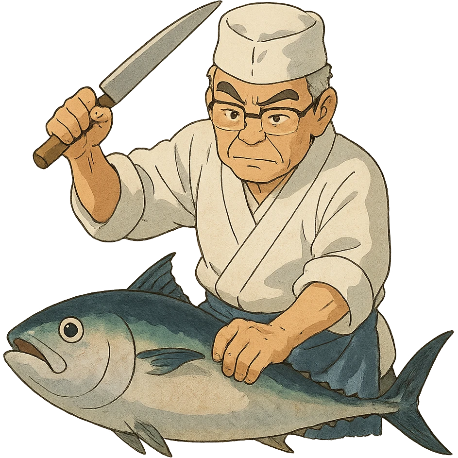 ghibli style Korean sushi master slaying a fish emoji