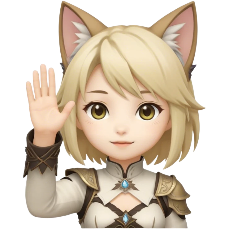 Please generate a chibi version of a cute Final Fantasy 14 catgirl waving one hand into the air to welcome new people. emoji