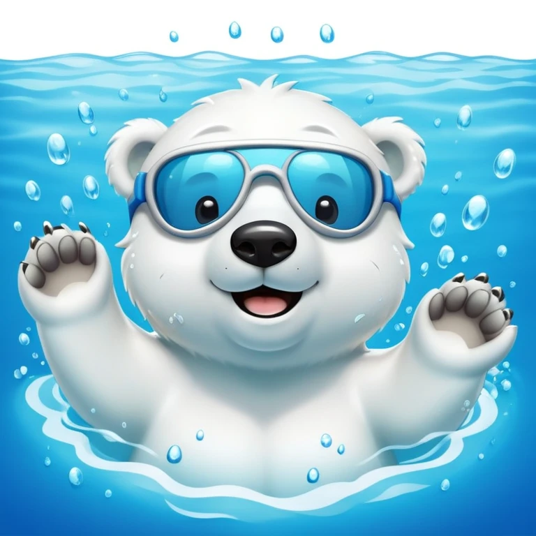 friendly anthropomorphised polar bear wearing swimming goggles, swimming in a wide pool with water splashing around emoji
