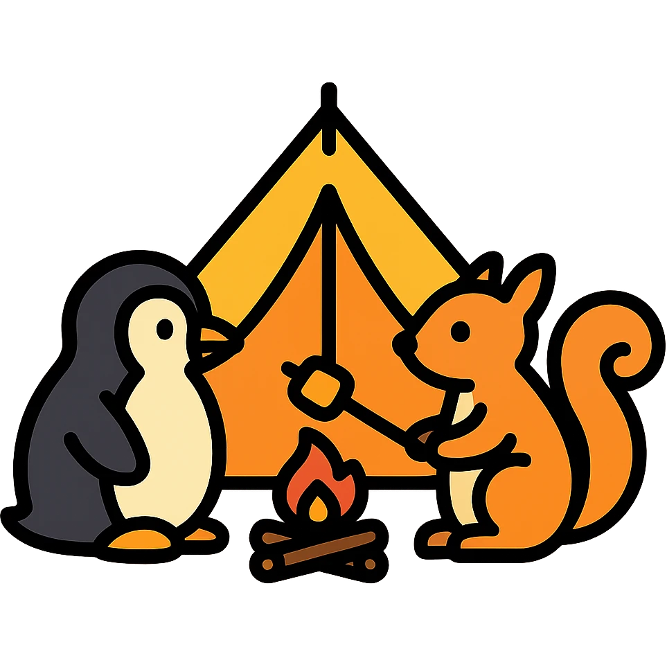 bunte Outline-Icon-Variante von Pinguin und Eichhörnchen beim Campen, Zelt emoji