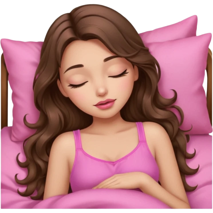 girl with long wavy brown hair, brown eyes, long lashes makeup, sexy pink lips, light to medium complexion, wearing a pink sexy top, sleeping emoji