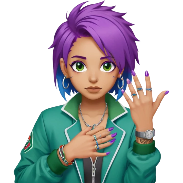 A person with messy purple hair, wearing a green sports jacket with white accents. Add details such as rings on the fingers, tattoos on the hands, and bright nail polish (blue and red). emoji