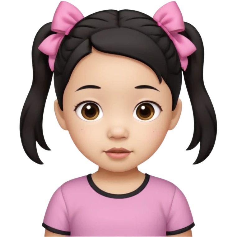 mixed 1 year old girl asian and american with short pigtails and cute bows i dark brown/black hair with big brown eyes emoji in a pink shirt emoji
