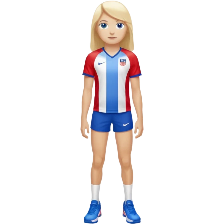 Blond long hair blue eyes tall long lashes wearing a red white and blue jersey that says USA with white shorts and Nike blazers emoji