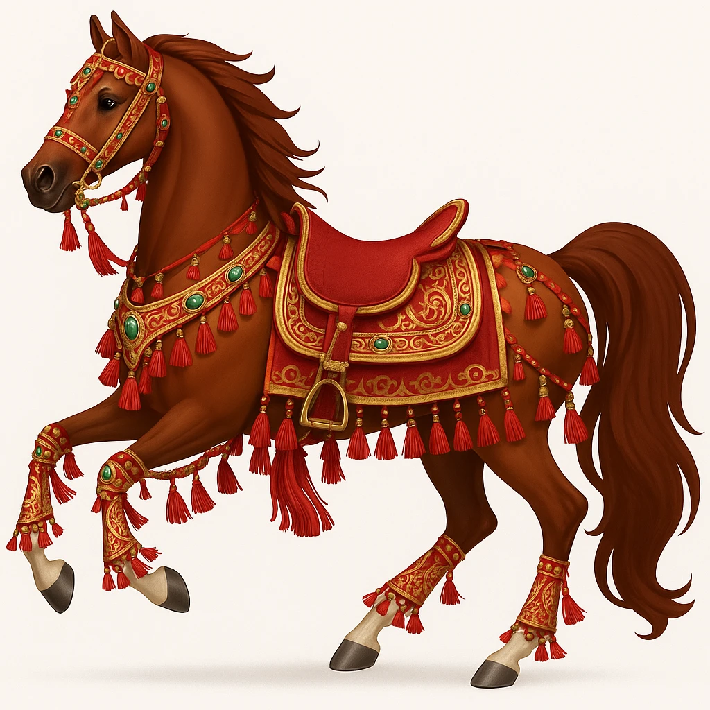 Add traditional Arabian tack and ornate decorations to the Saudi Arabian horse in emoji style, keeping the galloping pose with traditional Arabian saddle as is. emoji