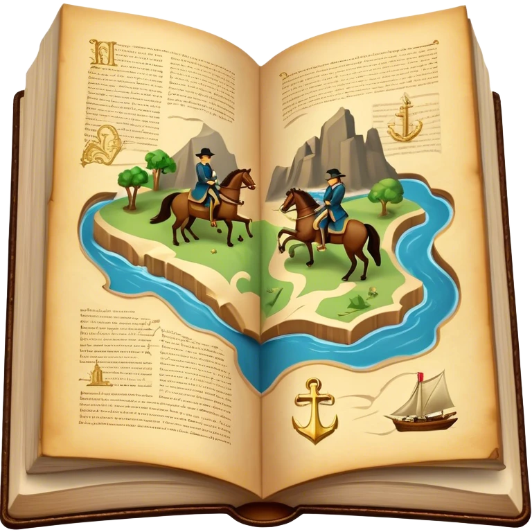 Icon for Reading Fiction: a large open book with pages turning into musketeers on horseback, Sherlock Holmes and Island of treasure map. The icon should evoke the adventure and romance of exploring fictional worlds. Transparent background. emoji