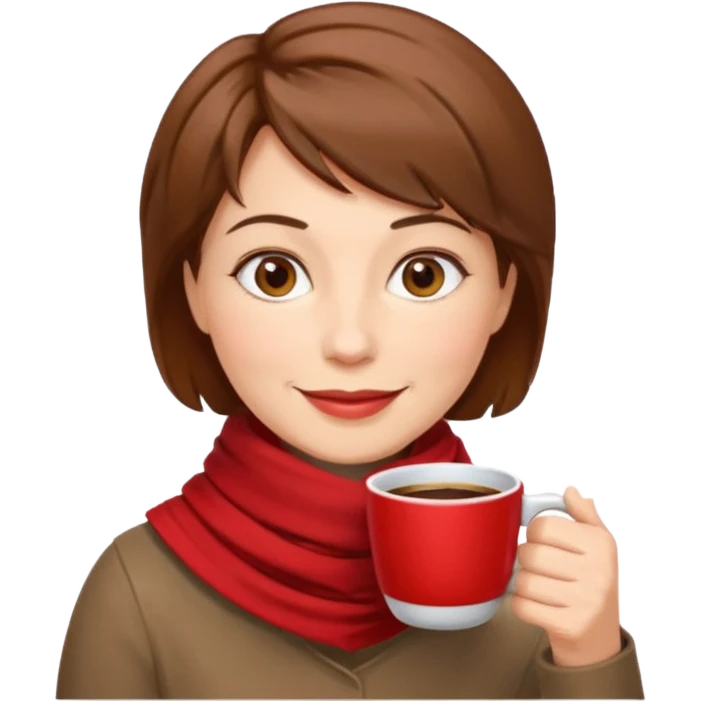 a middle age woman with brown short hair, having red scarf, drink coffee, enjoy emoji
