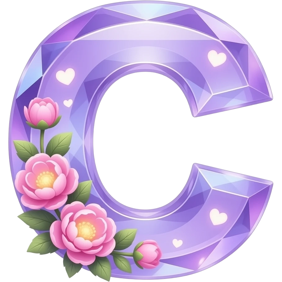 An uppercase letter 'C' sculpted from translucent crystal that glows with a soft violet light. Miniature glowing peonies and tiny heart-shaped leaves grow along its edges. Iridescent texture, fairycore aesthetic, macro photography style emoji