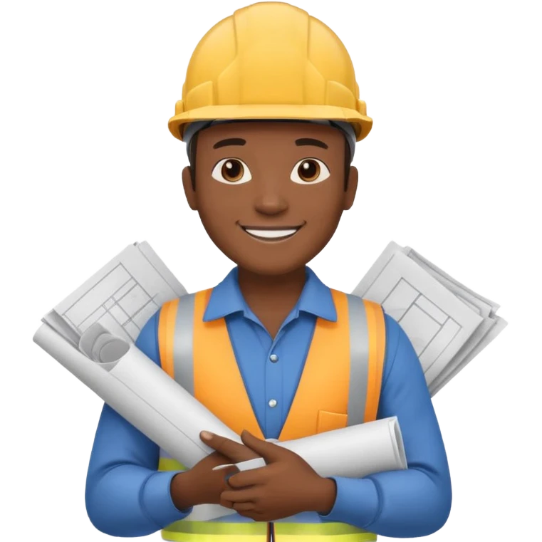 Сгенерируй мне индонезийца в чуть рисованном стиле, в каске и с чертежом в руках. По пояс. На однородном фоне. Он строитель emoji