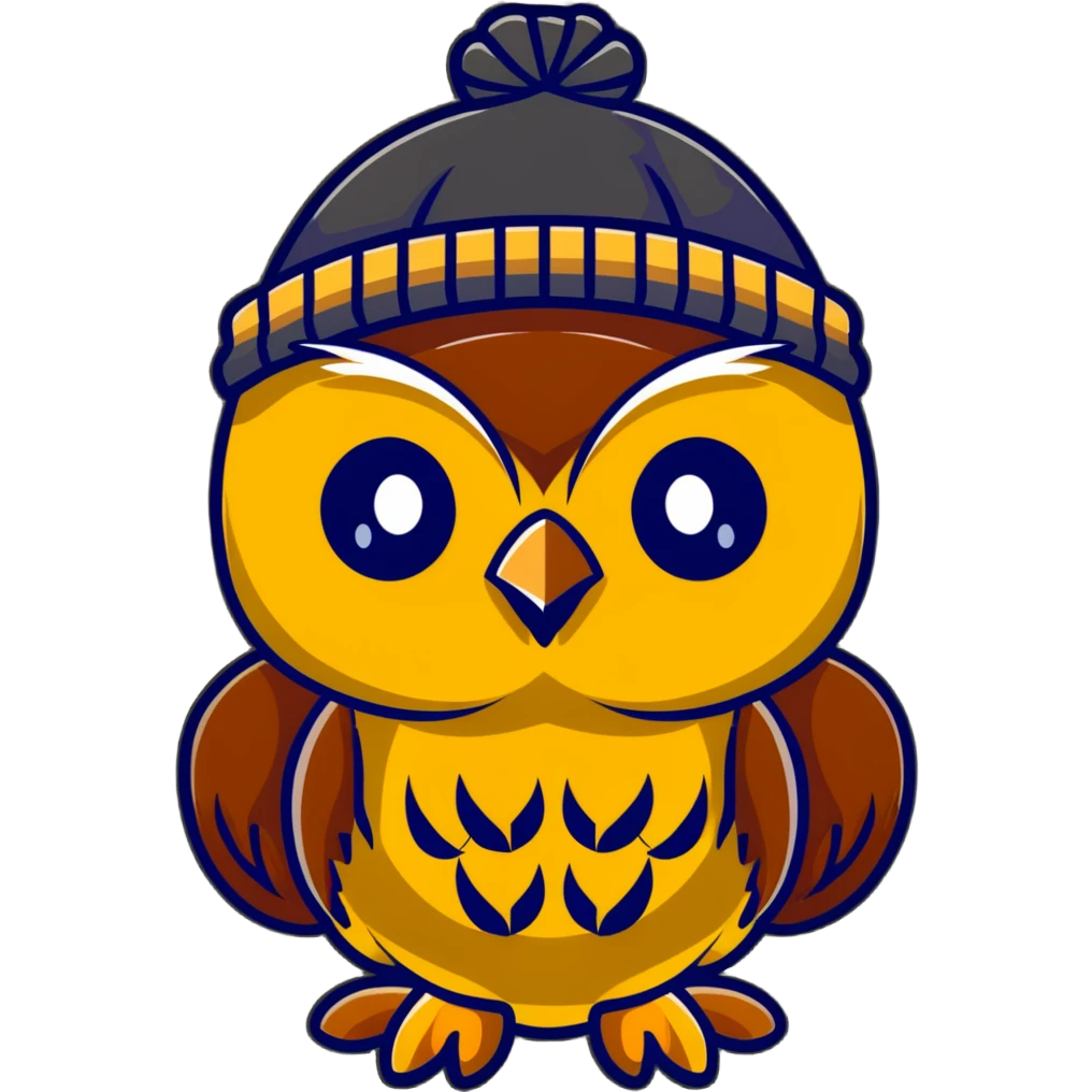 Abstract golden owl with shiny feathers. With a knitted hat in head  emoji