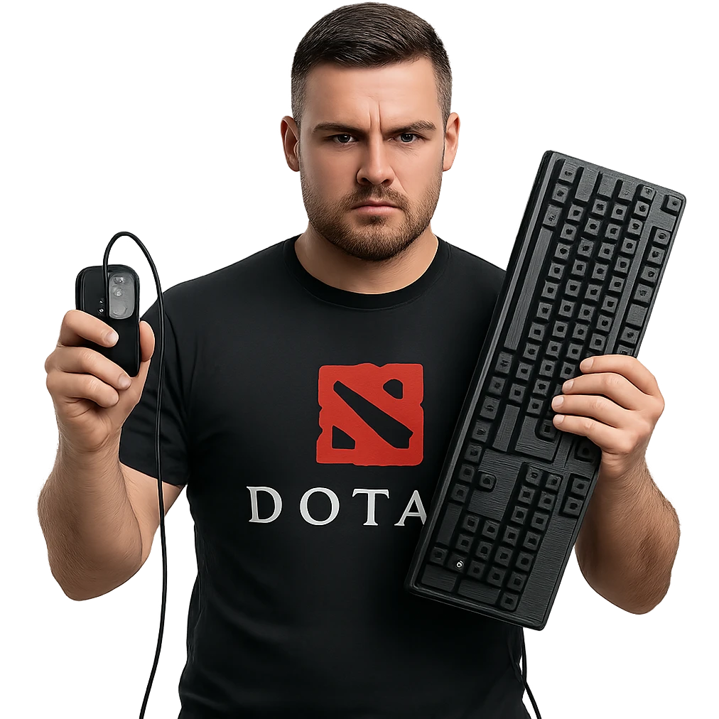 A tough-looking Dota 2 player with a serious expression, holding a mouse and keyboard emoji