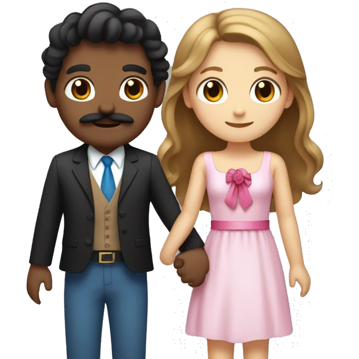 Two people holding hands with a tanned boy with medium-length hair with a Mexican mustache and black eyes and with a white girl with brown hair and blue eyes with a pink bow on her head emoji