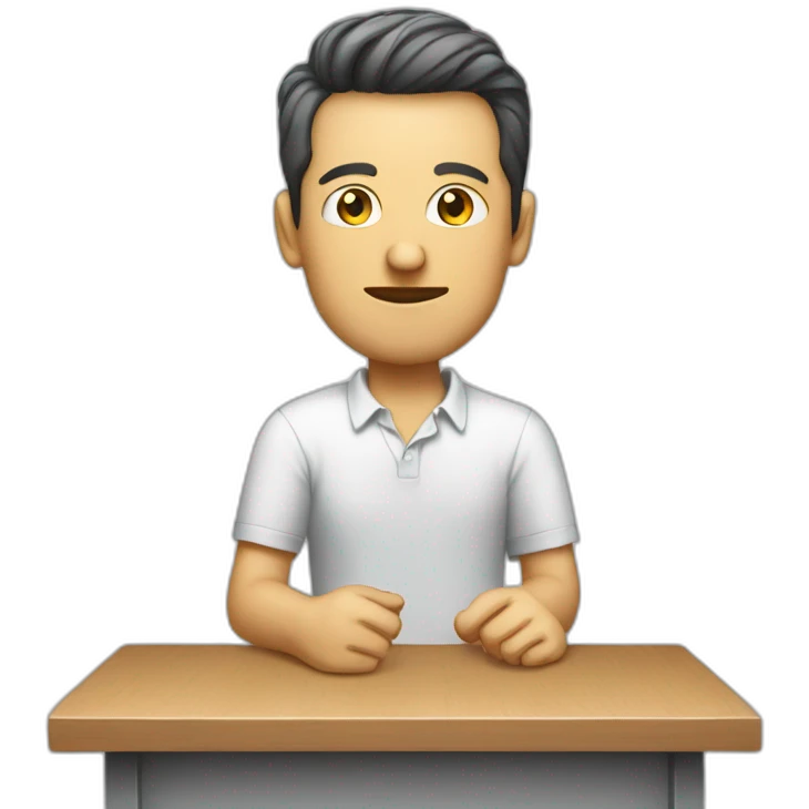 a white man a mic in his table, sitting, wearing shirt emoji