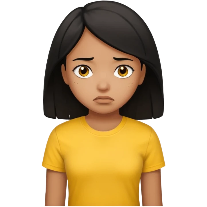 brown pretty bratz girl with black hair, wearing a yellow tshirt. looking sad emoji