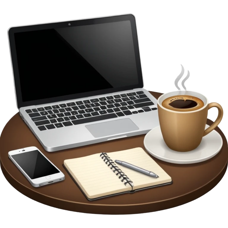 Laptop on the table, coffee and notebook emoji