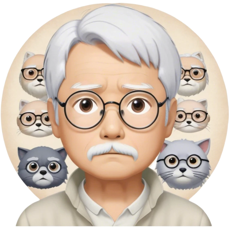 ​Cinematic Realistic Portrait of Hayao Miyazaki, depicted with striking white hair, defined black eyebrows, and large rectangular glasses, his thoughtful expression rendered in lifelike detail against a background of whimsical Studio Ghibli-inspired sketches, illuminated with soft, realistic lighting that emphasizes his creative genius, emoji
