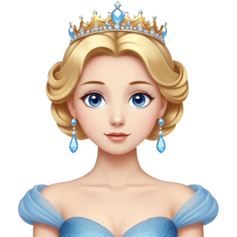 Cinematic Stunning Cinderella Portrait Emoji, Radiant in her sparkling blue ball gown, golden hair in a perfect updo, soft blue eyes full of wonder, glistening tiara, glowing with an ethereal beauty, regal yet kind, a dreamlike aura surrounds her, capturing the essence of a fairy tale princess, elegant and breathtaking! emoji