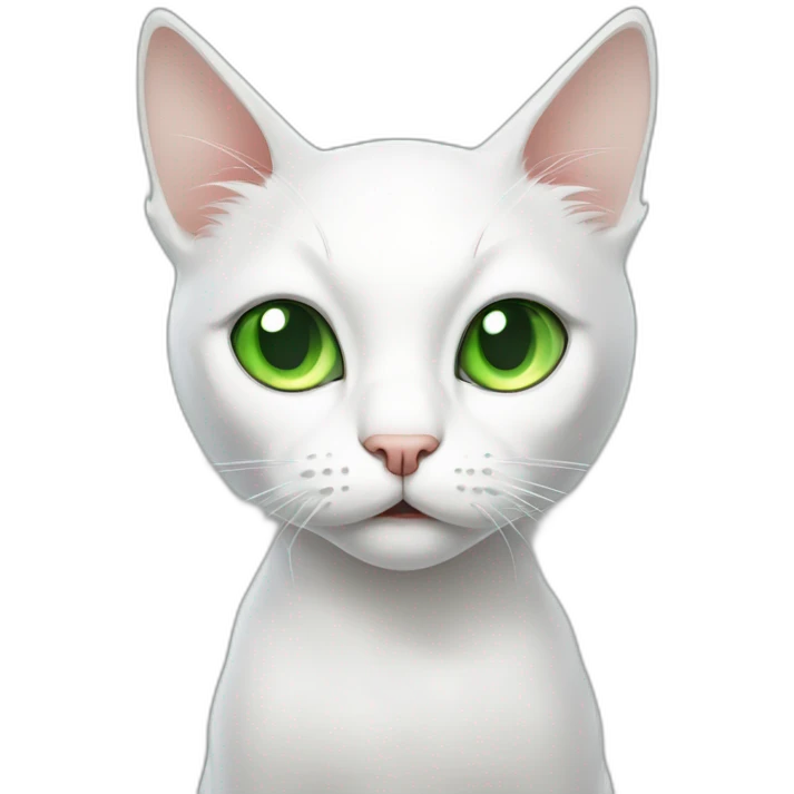 A skinny white cat with green eyes looking confused and meowing emoji