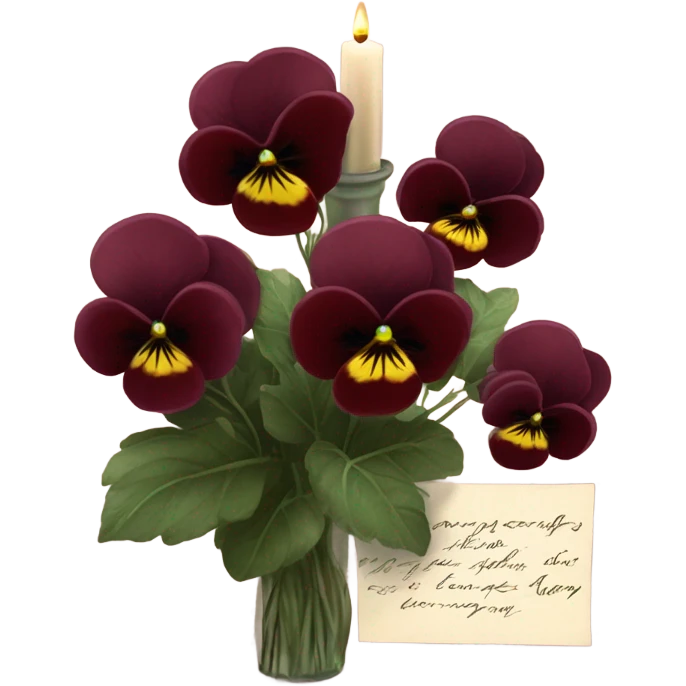 A handwritten love note resting beside a bouquet of burgundy pansies and a flickering candle
 emoji