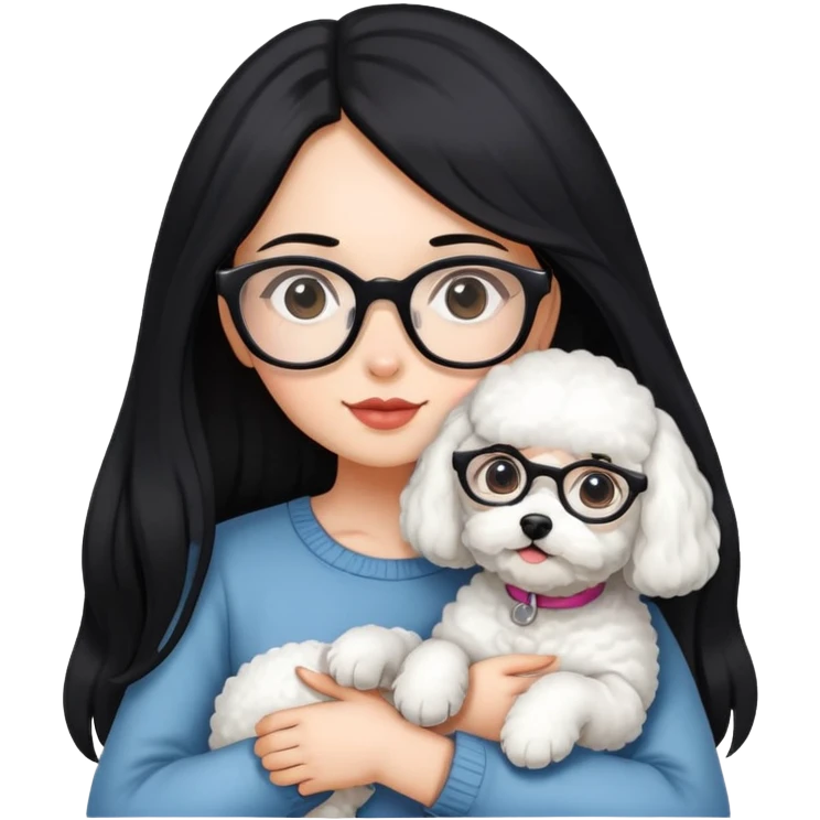 A girl with long black hair and glasses holding a bichon emoji