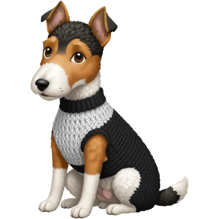 Fox terrier seduto in bianco e nero con vestitino in maglia emoji