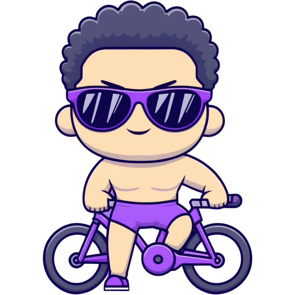shirtless male athlete with white skin and moderately curly black hair on top with shaved sides, wearing purple bike sunglasses with black tinted lenses emoji