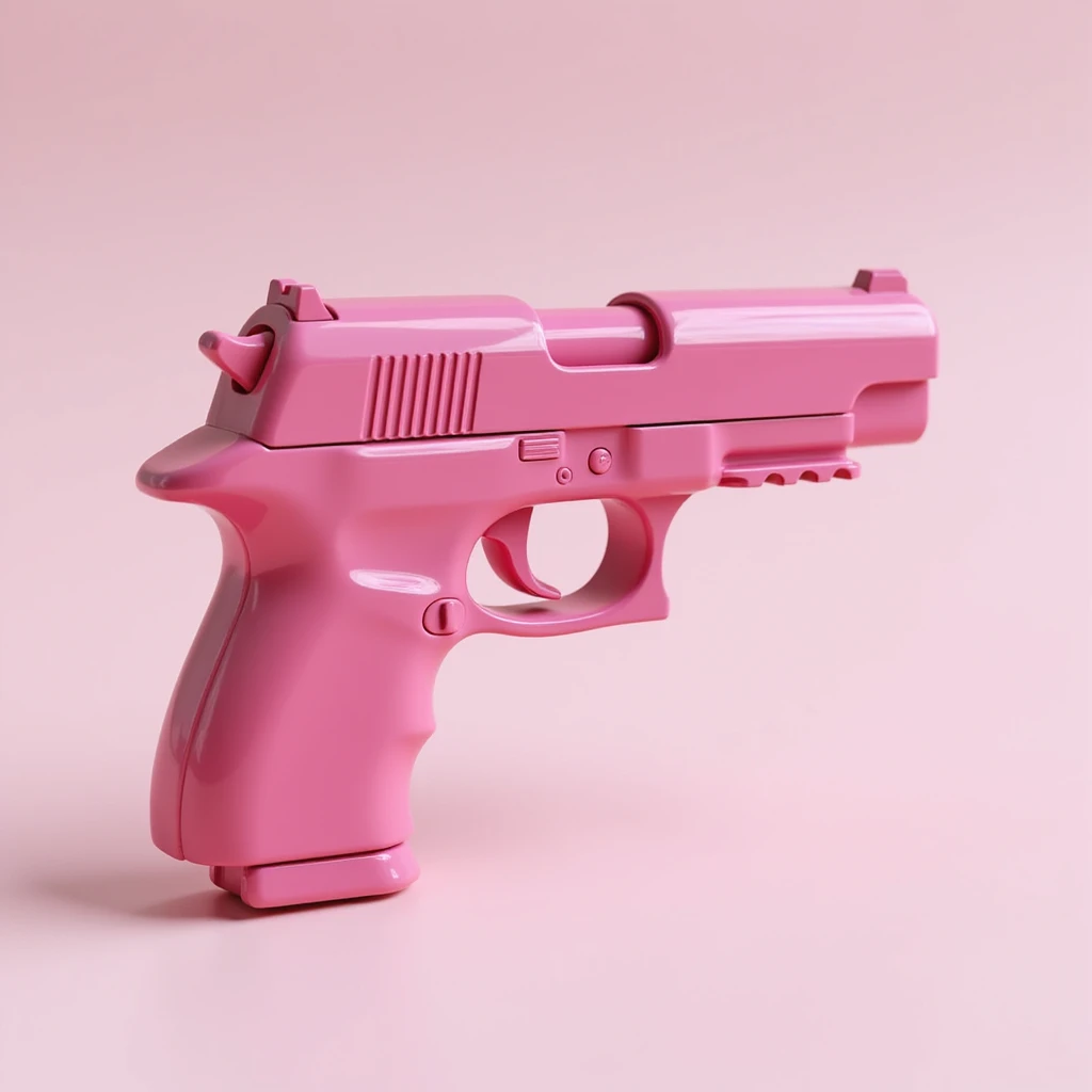 photorealistic pink heart-shaped pistol, glossy finish, on a white background emoji
