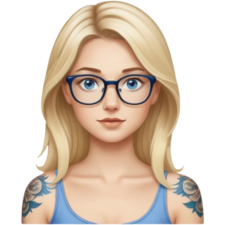 Hyper Realistic edgy model, pale woman, long blonde balayage hair, blue eyes and glasses, shoulder tattoo  emoji