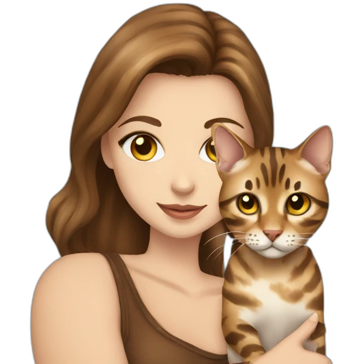a beautiful girl with blue eyes and brown hair is holding a Bengal cat with yellow eyes in her arms emoji