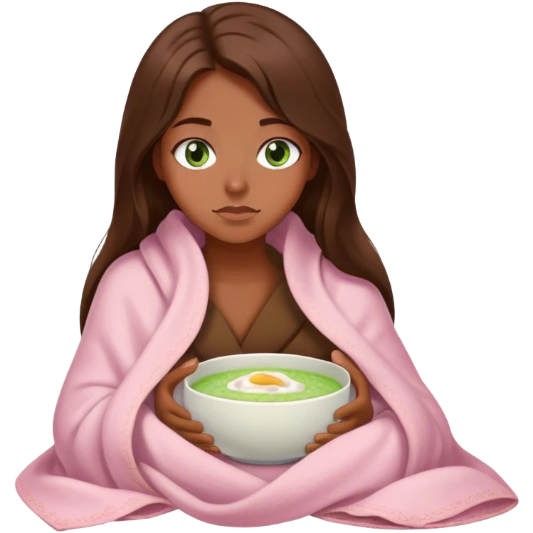 woman with very long brown hair and green eyes in a light pink blanket sleepy with porridge emoji