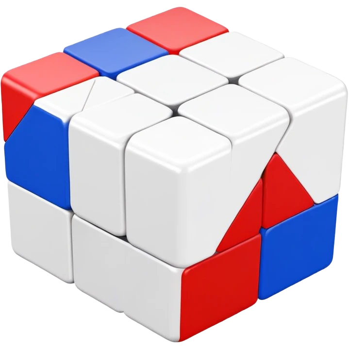 A scrambled 3x3 Rubik's Cube with only red, white, and blue colors, minimalist iOS emoji style, viewed from an angle emoji