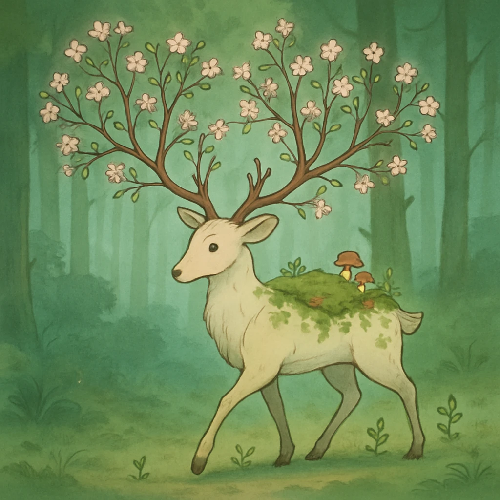 A gentle deer spirit companion with antlers that branch into flowering trees, moss and small mushrooms growing along its back, leaving a trail of sprouting plants with each step through a misty forest emoji