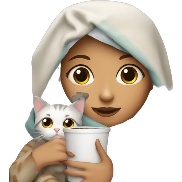 Girl with her cat and a blanket drinking coffee emoji