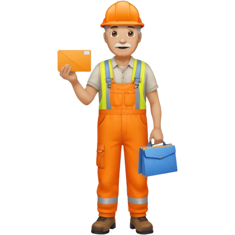 older engineer hi-vis orange overalls full body holding a card emoji
