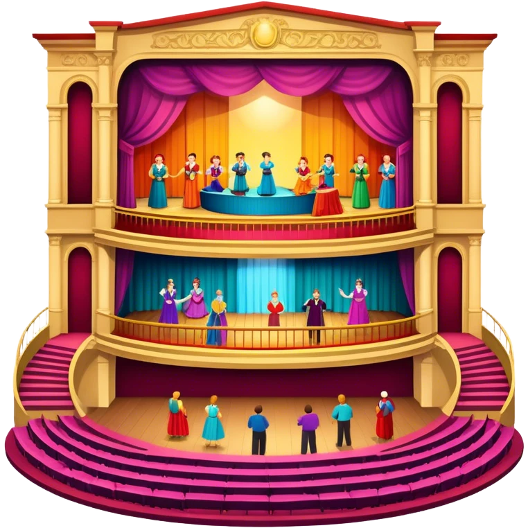 An icon showing a grand theater stage with actors performing in a vibrant play, surrounded by dramatic lighting. The audience watches from colorful balconies, adding to the lively atmosphere. The design captures the magic of live theater, set against a transparent background. emoji