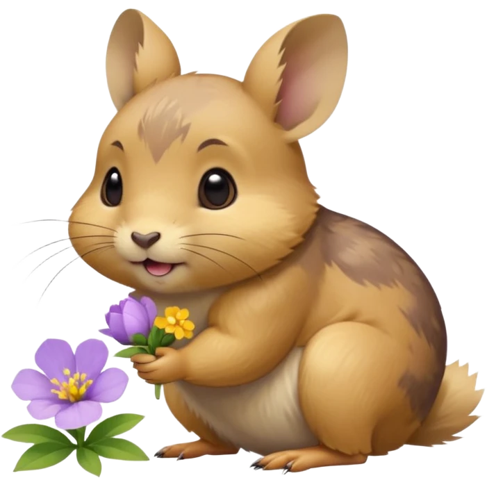 small round pika on all fours, turned at an angle, biting a small light purple flower in its mouth emoji