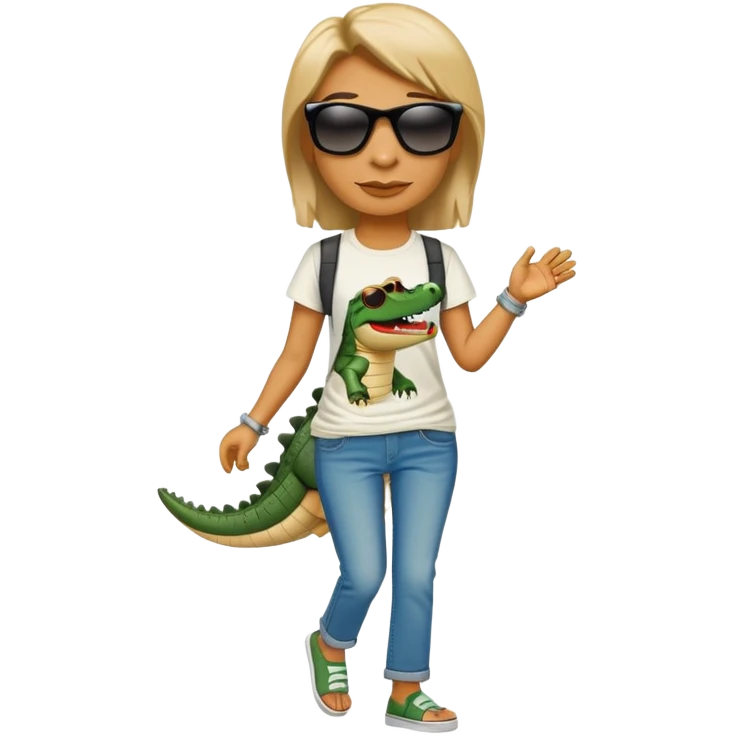 anthropomorphised female crocodile in a band t-shirt and jeans wearing sunglasses walking upright emoji