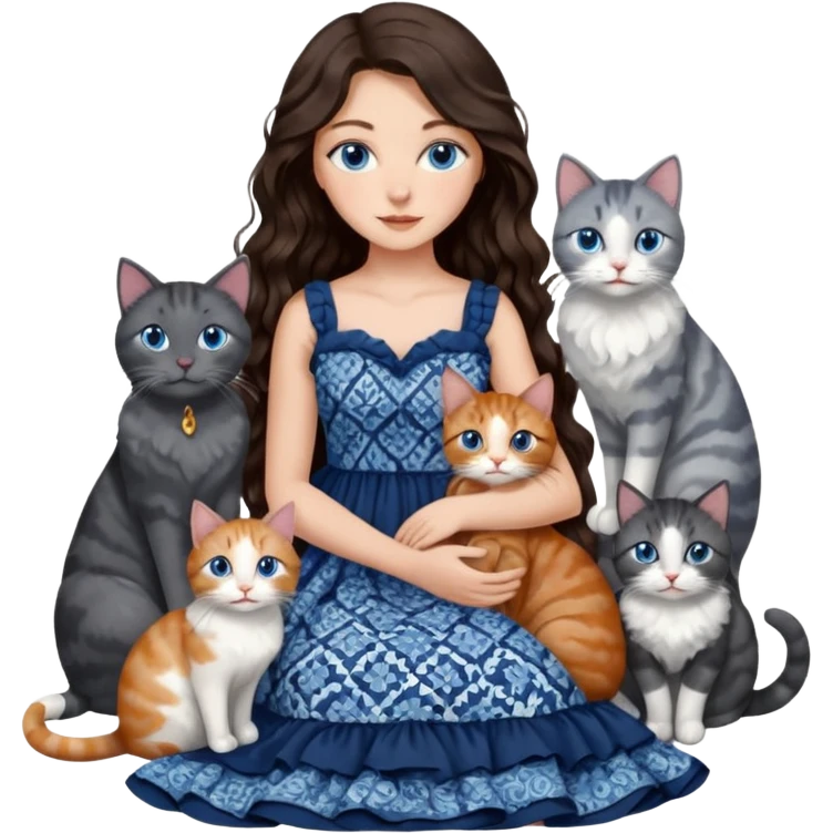 detailed realistic looking a dark grey and white cat regally sitting with six other cats, cuddling with their owner who is a pretty bratz lightly tanned white girl with long dark brown hair, blue eyes and gorgeous long wavy hair wearing a pretty detailed dress emoji