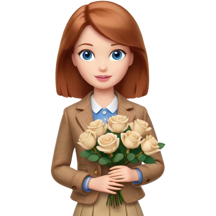 A Barbie girl with blue eyes, shoulder-length reddish-brown hair, made-up, wearing a beige tweed jacket and a beige skirt, with a bouquet of white nine roses emoji