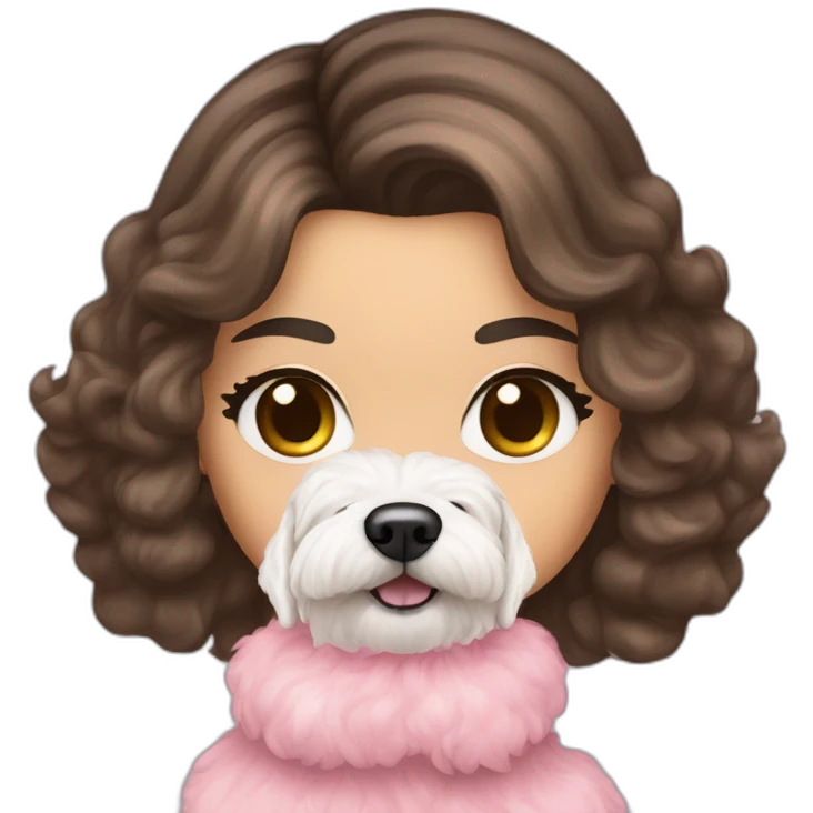 brunette Kendall Jenner with long hair holding on the hands white maltipoo wearing pink collar emoji